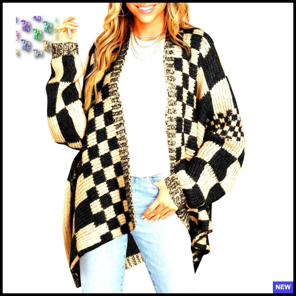Oversized Checkered Cardigan Long Sleeve Open Front Knit Sweater Y2k Chic